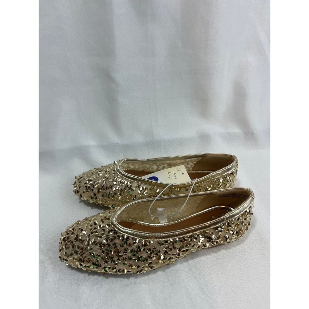 A‎ New Day Women Gold Sequin Ballet Flats Mesh Slip On Memory Foam Shoes Size 6